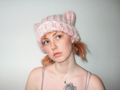 Cat Beanie - Pink & White